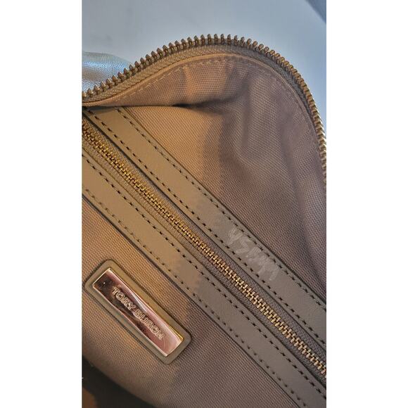 Tory Burch Handbag Light Gray Leather Gold Hardware Logo Shoulder Satchel Purse - Picture 5 of 11